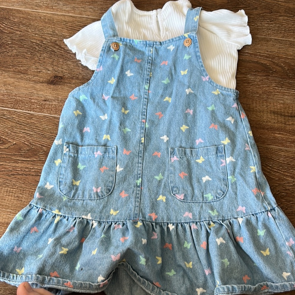 Little me Denim jumper with butterfly print and white top